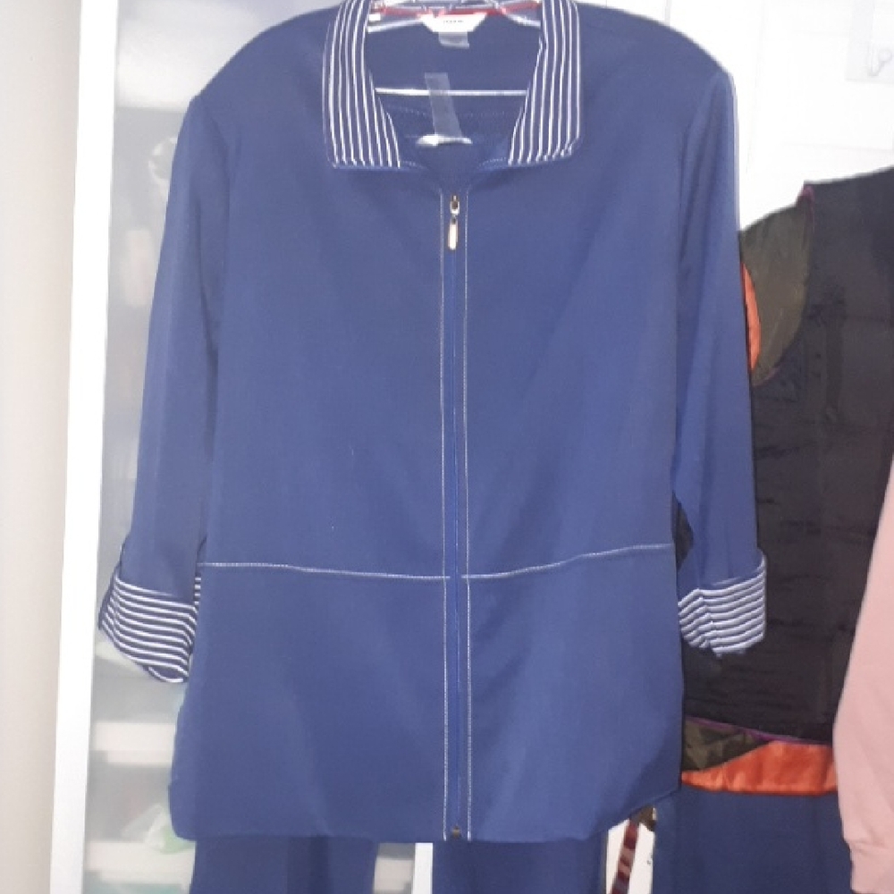 Alia Navy Blue Zip-Front Jacket and Pant with Striped Trim